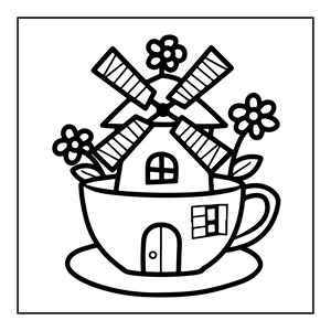 May include: A black and white line art illustration featuring a teacup on a saucer that serves as a house base. A windmill with four blades sits inside the cup, surrounded by three stylized flowers with circular centers and petals.