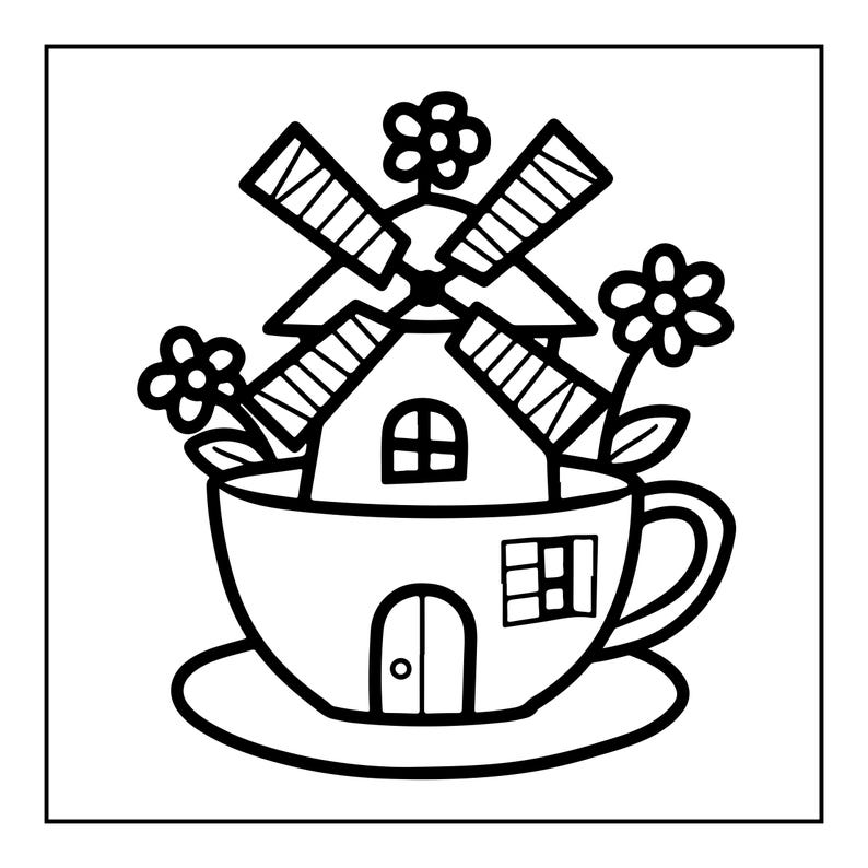 May include: A black and white line art illustration featuring a teacup on a saucer that serves as a house base. A windmill with four blades sits inside the cup, surrounded by three stylized flowers with circular centers and petals.