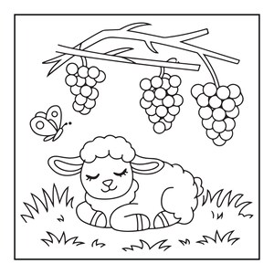 May include: A black and white line art illustration featuring a sleeping lamb resting on grass. Above the lamb, three clusters of grapes hang from a vine. To the left of the lamb, a small butterfly with patterned wings is depicted in profile.