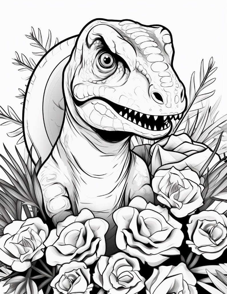 Pu&ograve; includere: Un'illustrazione in bianco e nero a tratto che presenta una testa di dinosauro dettagliata con denti affilati e squame strutturate, circondata da un gruppo di rose in fiore e foglie simili a felci, in uno stile grafico ad alto contrasto.