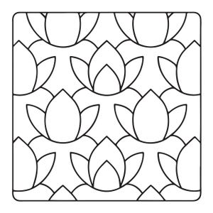 May include: A square graphic print featuring a repeating pattern of black line art lotus flowers on a white background. The design consists of stylised, symmetrical floral shapes arranged in a grid, creating a continuous, balanced, and clean visual motif.