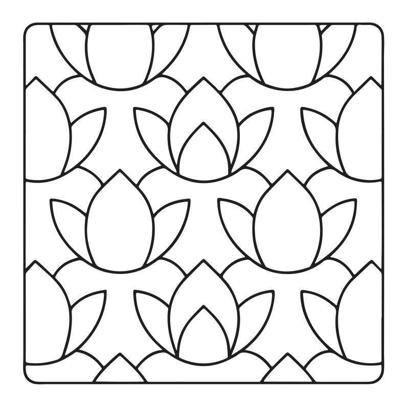 May include: A square graphic print featuring a repeating pattern of black line art lotus flowers on a white background. The design consists of stylised, symmetrical floral shapes arranged in a grid, creating a continuous, balanced, and clean visual motif.