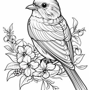 May include: A black and white line art illustration of a bird perched on a branch surrounded by flowers and leaves. The bird features detailed feather patterns and a sharp beak, while the surrounding foliage includes blossoms and small buds.