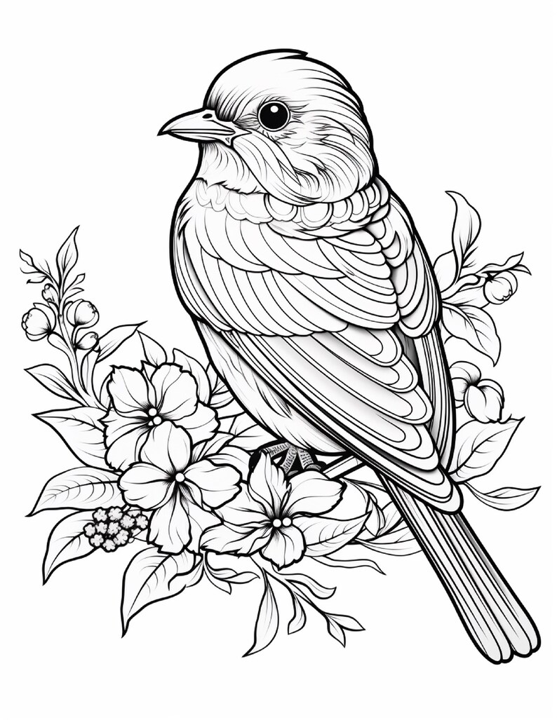 May include: A black and white line art illustration of a bird perched on a branch surrounded by flowers and leaves. The bird features detailed feather patterns and a sharp beak, while the surrounding foliage includes blossoms and small buds.