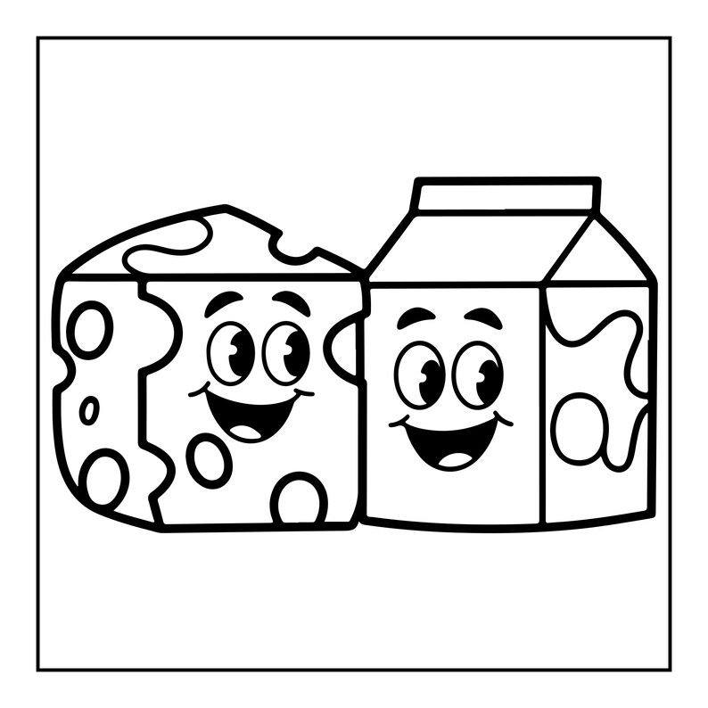 以下が含まれることがあります： 穴の開いたスイスチーズの塊と牛乳パックを描いた白黒の線画イラスト。どちらも大きな表情豊かな目と大きく笑った口を持つ漫画のキャラクターとして描かれており、無地の白い背景に配置されています。