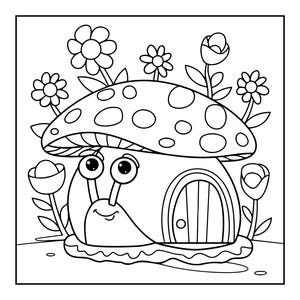 A line art coloring page shows a snail with a mushroom cap for a shell, featuring a small door and surrounded by flowers and leaves.