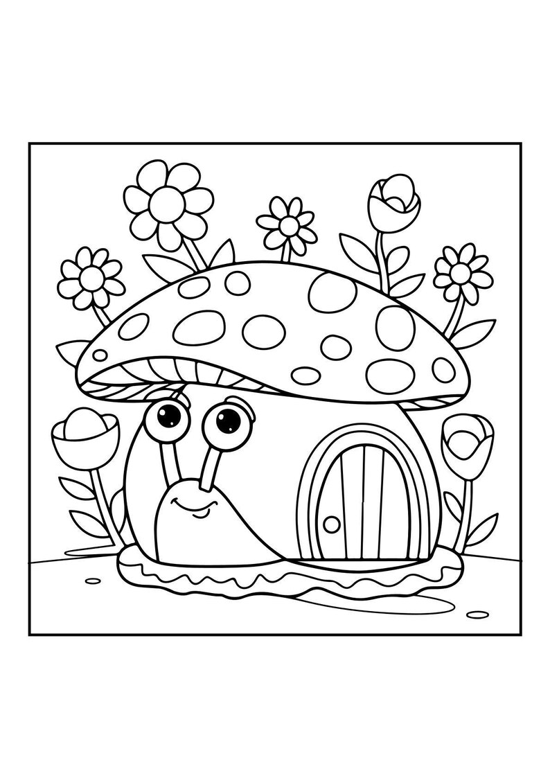 A line art coloring page shows a snail with a mushroom cap for a shell, featuring a small door and surrounded by flowers and leaves.