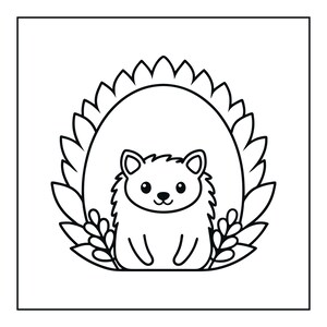 May include: A black and white line art illustration featuring a stylized hedgehog centered within an oval frame. The hedgehog has a rounded body, pointed ears, and a small nose. The surrounding oval border is decorated with leaf-like shapes.
