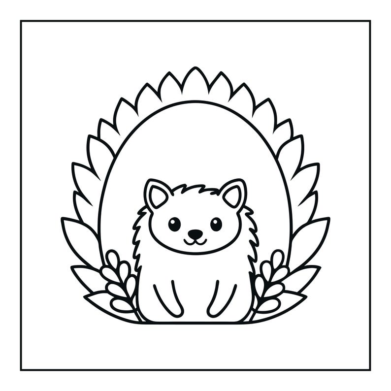 May include: A black and white line art illustration featuring a stylized hedgehog centered within an oval frame. The hedgehog has a rounded body, pointed ears, and a small nose. The surrounding oval border is decorated with leaf-like shapes.