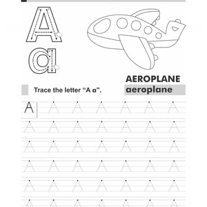 A worksheet page for tracing the letter A with an aeroplane outline and dotted guidelines.