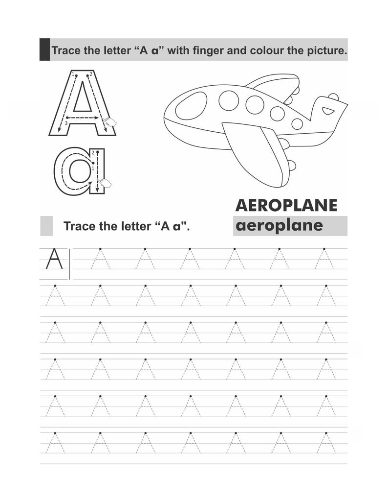 A worksheet page for tracing the letter A with an aeroplane outline and dotted guidelines.