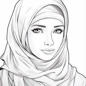 Pu&ograve; includere: Un'illustrazione a linee in bianco e nero di una persona che indossa un hijab. Il disegno presenta tratti del viso dettagliati, tra cui sopracciglia, ciglia e labbra definite, con una trama di tessuto a motivi visibile sul copricapo.