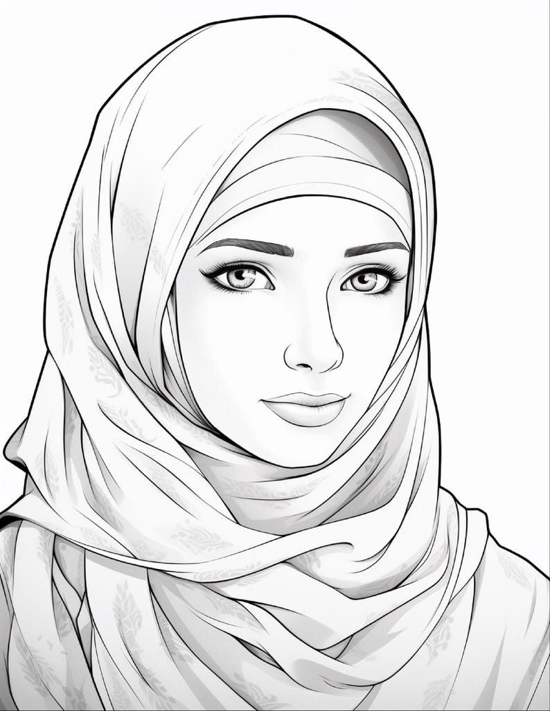 Pu&ograve; includere: Un'illustrazione a linee in bianco e nero di una persona che indossa un hijab. Il disegno presenta tratti del viso dettagliati, tra cui sopracciglia, ciglia e labbra definite, con una trama di tessuto a motivi visibile sul copricapo.