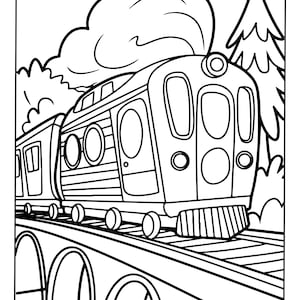Puede incluir: Una ilustraci&oacute;n de arte lineal en blanco y negro de un tren de pasajeros viajando sobre un puente de arco de piedra. El tren presenta m&uacute;ltiples ventanas, un apartavacas y una gran columna de humo que se eleva desde la parte superior.