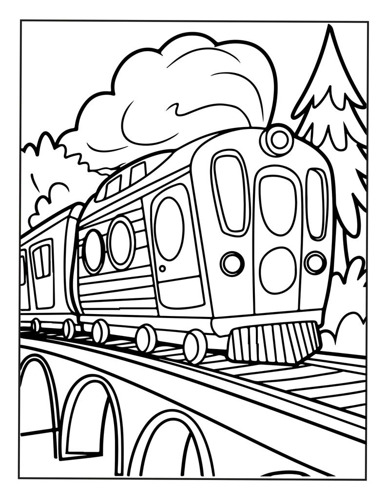 Puede incluir: Una ilustraci&oacute;n de arte lineal en blanco y negro de un tren de pasajeros viajando sobre un puente de arco de piedra. El tren presenta m&uacute;ltiples ventanas, un apartavacas y una gran columna de humo que se eleva desde la parte superior.