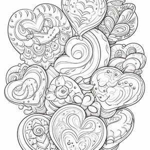 A coloring page featuring a cluster of various heart shapes, some with intricate patterns and designs.