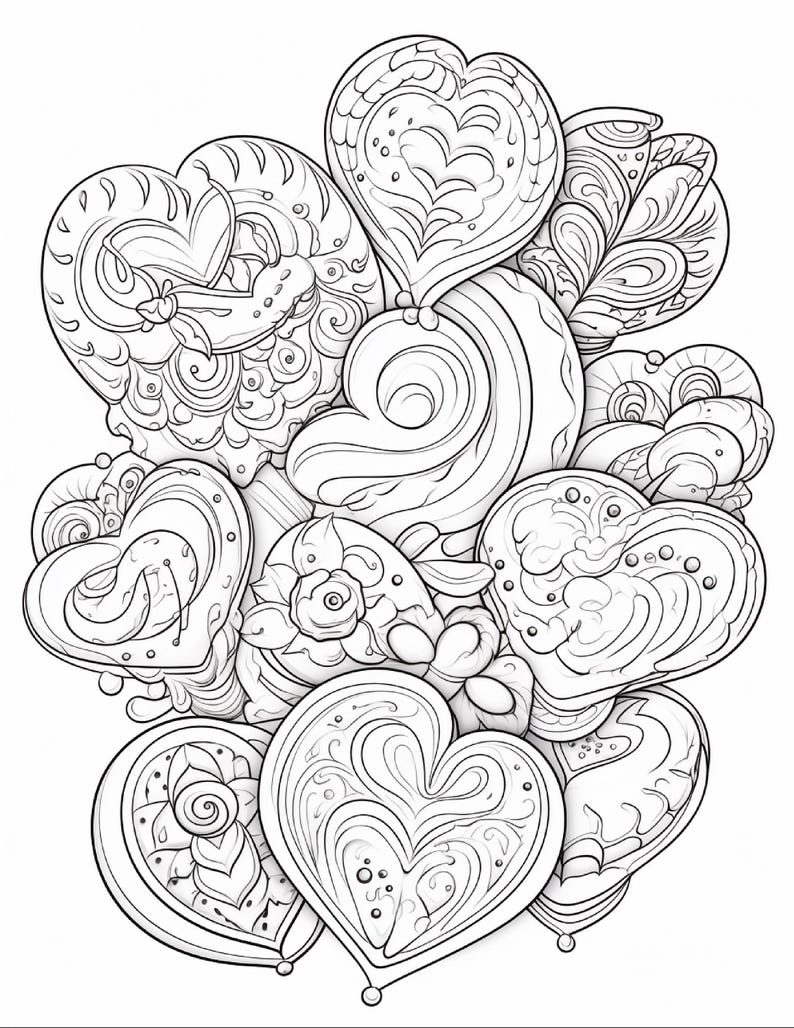 A coloring page featuring a cluster of various heart shapes, some with intricate patterns and designs.