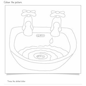 Op de afbeelding: Een zwart-wit educatief werkblad getiteld Topic: Letter 'g' Worksheet. Het bevat een lijntekening van een wastafel met twee kranen en een waterdruppel, plus de instructie Colour the picture en vier gestippelde letter g karakters.