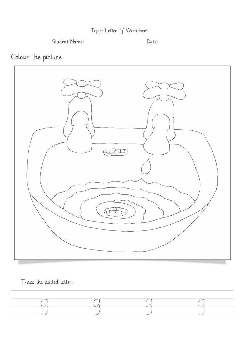Op de afbeelding: Een zwart-wit educatief werkblad getiteld Topic: Letter 'g' Worksheet. Het bevat een lijntekening van een wastafel met twee kranen en een waterdruppel, plus de instructie Colour the picture en vier gestippelde letter g karakters.