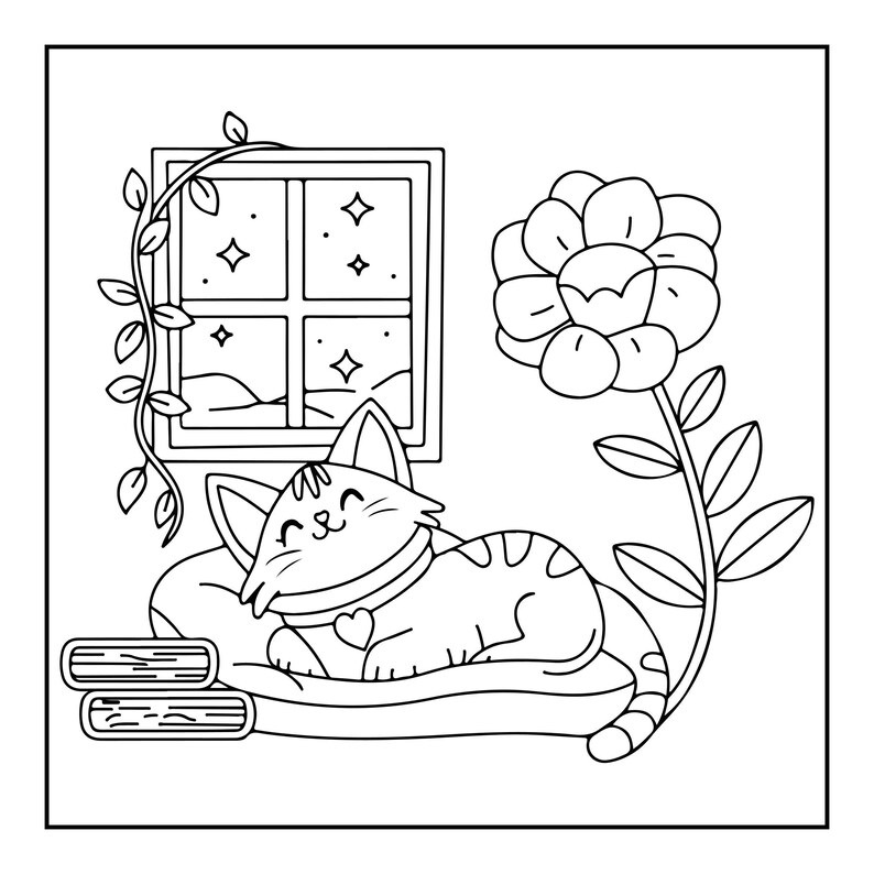 A line drawing of a cat sleeping on a pillow next to a window with a vine, and a large flower.