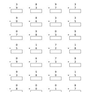 May include: A black and white educational worksheet titled Math - Addition Single Digit, featuring twenty-four vertical addition problems arranged in four columns. Each problem includes two single-digit numbers and a blank rectangular box for the answer.