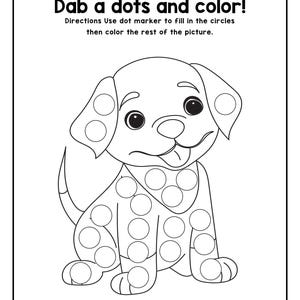 A printable coloring worksheet featuring an outline of a puppy with circles on its body and ears for dot markers and instructions to dab dots and color.