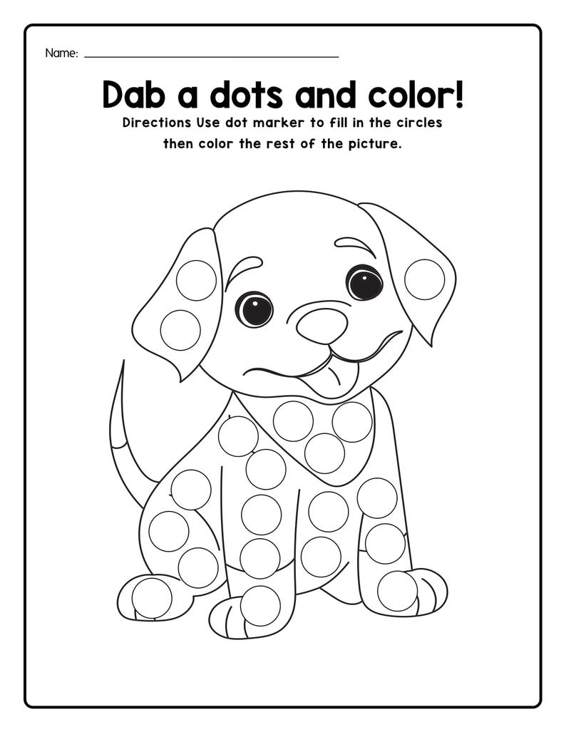 A printable coloring worksheet featuring an outline of a puppy with circles on its body and ears for dot markers and instructions to dab dots and color.
