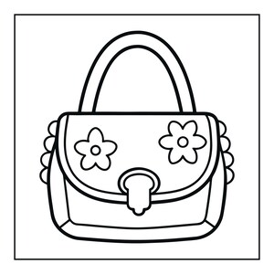 May include: A black and white line art illustration of a handbag featuring a single arched handle, a front flap decorated with two five-petaled flowers, a central circular clasp, and a scalloped edge detail along the sides of the bag body.