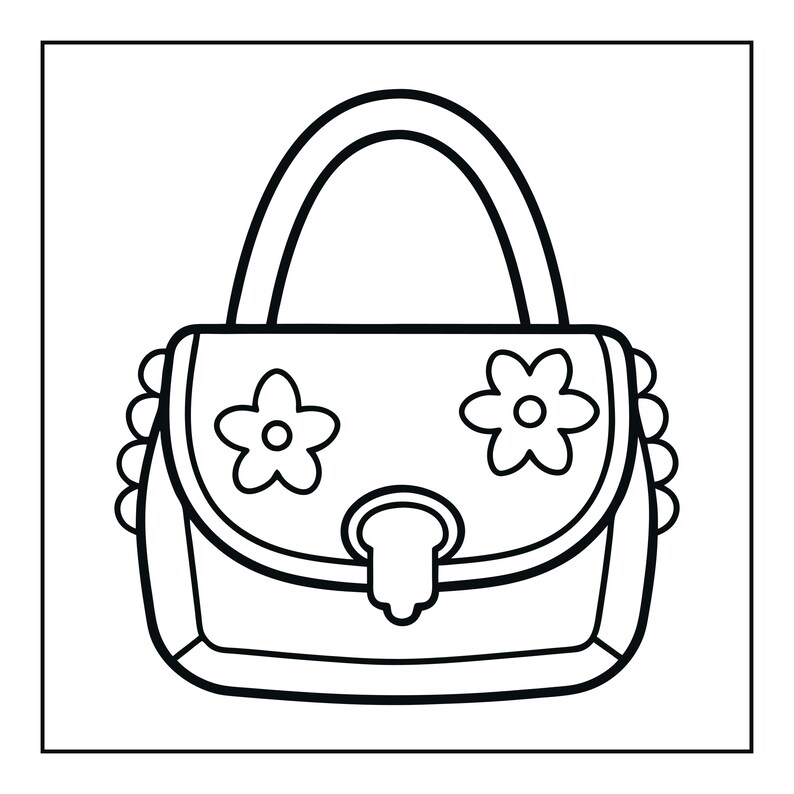 May include: A black and white line art illustration of a handbag featuring a single arched handle, a front flap decorated with two five-petaled flowers, a central circular clasp, and a scalloped edge detail along the sides of the bag body.