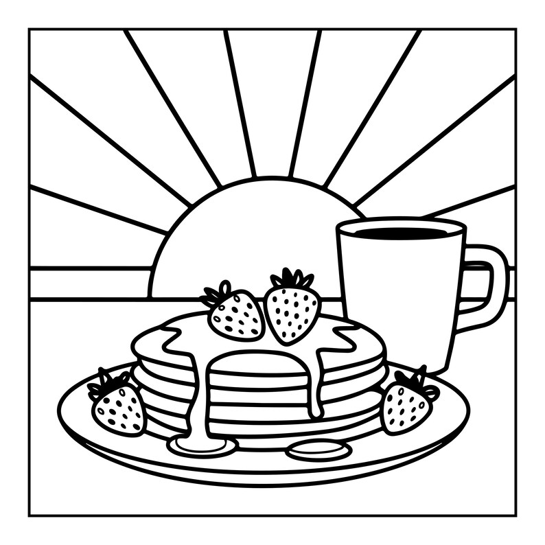 May include: A black and white line art illustration of a stack of pancakes topped with syrup and strawberries on a plate, accompanied by a mug, set against a background featuring a sun with radiating beams of light in a square frame.