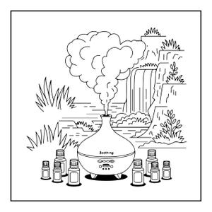 Puede incluir: Una ilustraci&oacute;n de arte lineal en blanco y negro de un difusor de aceites esenciales en forma de l&aacute;grima con la palabra Soothing impresa en el frente. El difusor emite una gran nube de vapor y est&aacute; rodeado por siete frascos peque&ntilde;os.