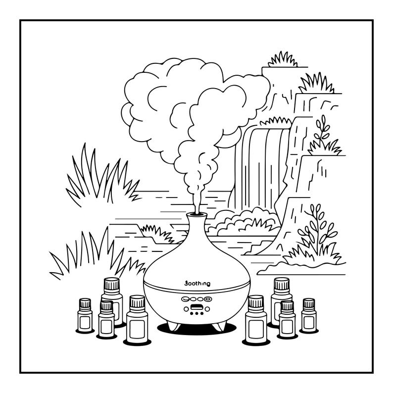 Puede incluir: Una ilustraci&oacute;n de arte lineal en blanco y negro de un difusor de aceites esenciales en forma de l&aacute;grima con la palabra Soothing impresa en el frente. El difusor emite una gran nube de vapor y est&aacute; rodeado por siete frascos peque&ntilde;os.