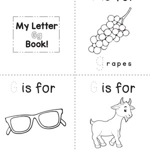 A printable coloring booklet page for the letter G with dotted tracing text and outlines of grapes, glasses, and a goat.