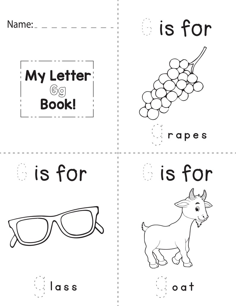 A printable coloring booklet page for the letter G with dotted tracing text and outlines of grapes, glasses, and a goat.