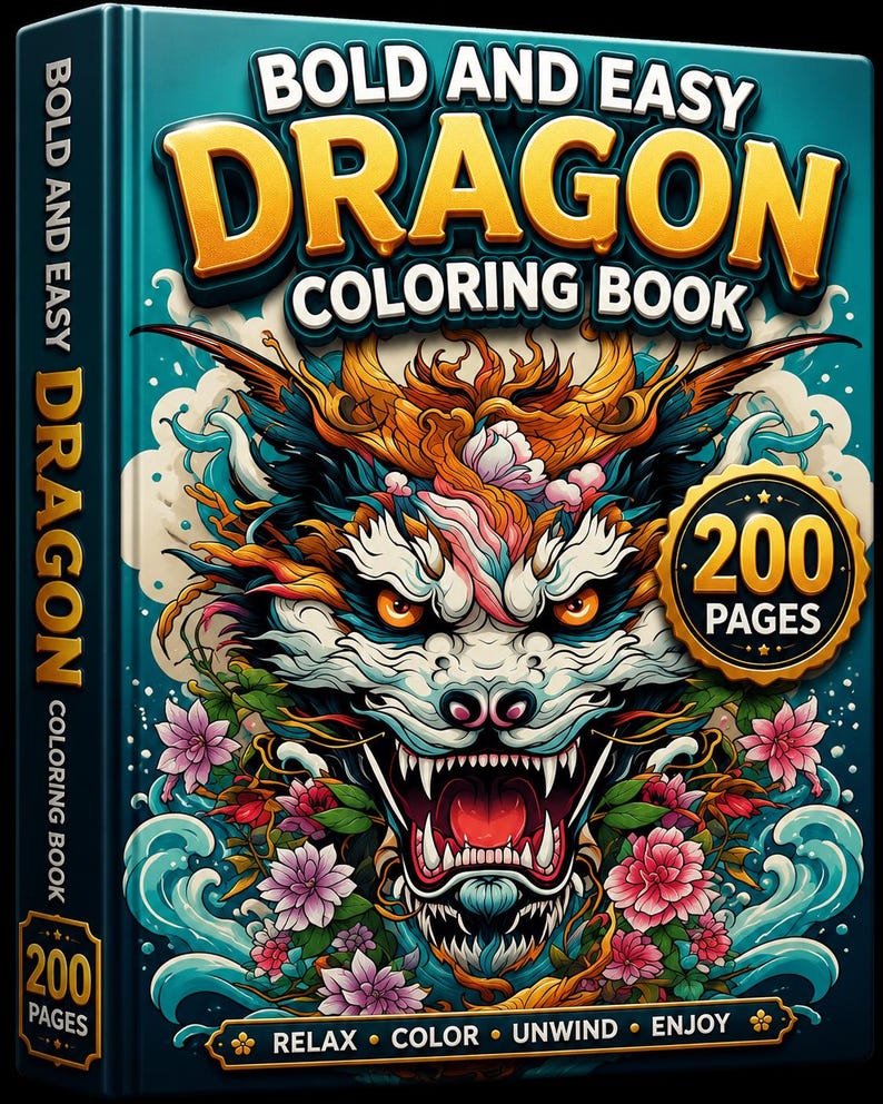 Libro para colorear de dragones sencillos y llamativos / 200 páginas / Arte fantástico (Descarga digital) imagen 1