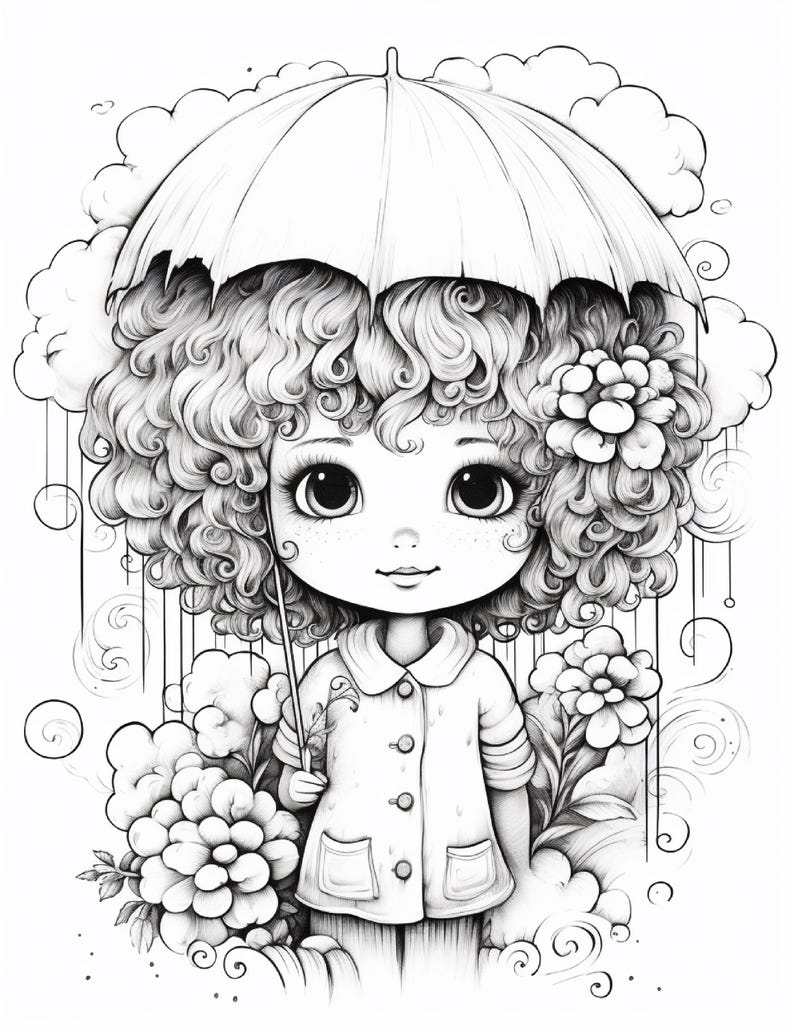 以下が含まれることがあります： ボリュームのあるカーリーヘアのキャラクターが傘を差している白黒の線画イラスト。キャラクターはボタン付きのコートを着ており、様式化された雲と大きな花々に囲まれて立っています。背景には雨の線が描かれています。