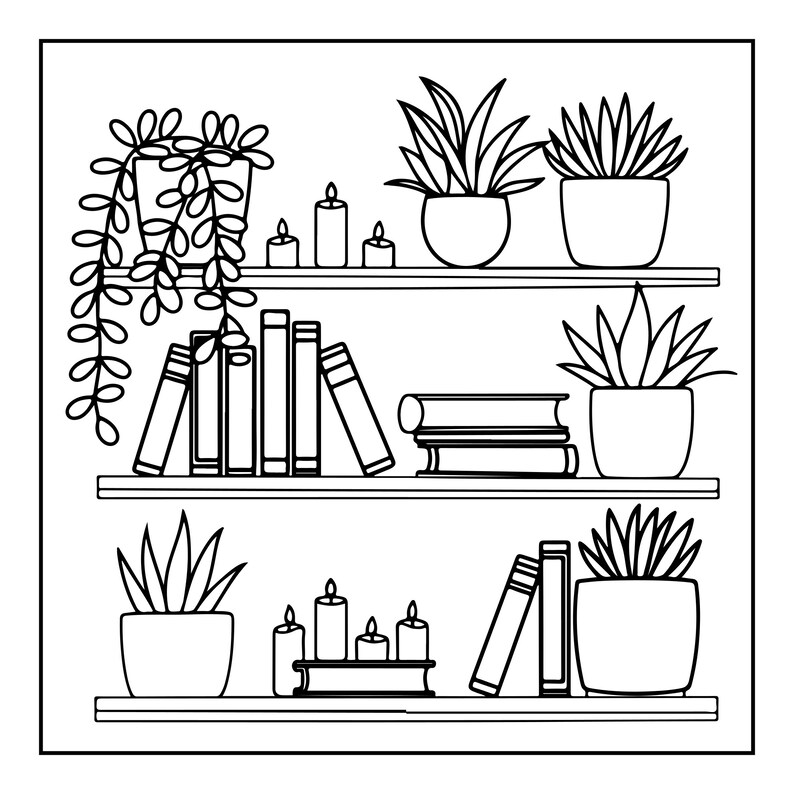 May include: A black and white line art illustration of three horizontal shelves. The shelves contain various potted plants, including a trailing vine, several upright succulents, multiple books arranged vertically and horizontally, and lit candles.