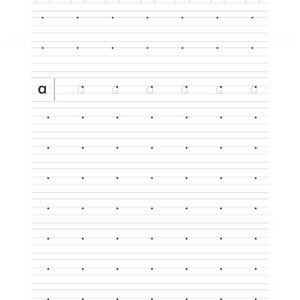 A handwriting worksheet displaying dotted lowercase letter a and blank practice lines with dots.