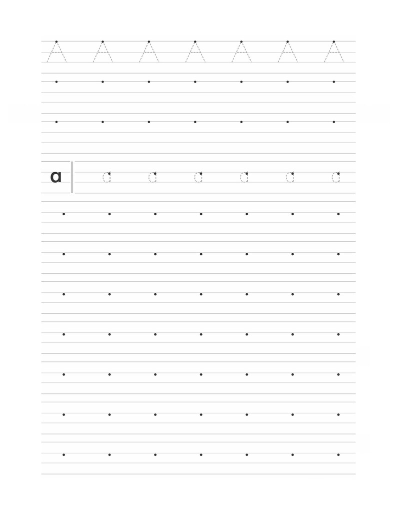 A handwriting worksheet displaying dotted lowercase letter a and blank practice lines with dots.