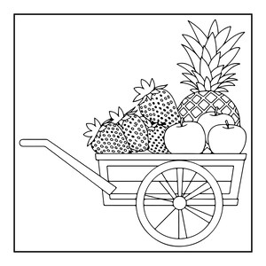 May include: A black and white line art illustration of a wooden cart filled with fresh fruit. The cart features a single large spoked wheel and a long handle. Inside the cart are several strawberries, two round apples, and one large pineapple.