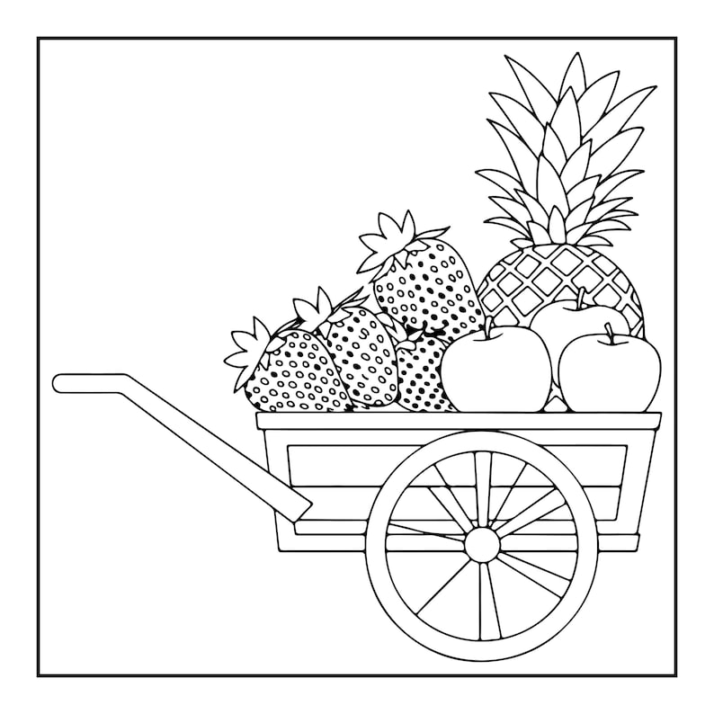 May include: A black and white line art illustration of a wooden cart filled with fresh fruit. The cart features a single large spoked wheel and a long handle. Inside the cart are several strawberries, two round apples, and one large pineapple.
