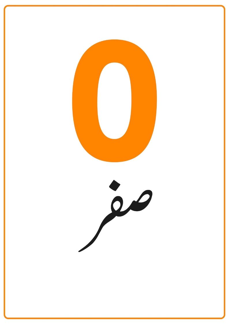 K&ouml;nnte beinhalten: Eine rechteckige wei&szlig;e Karte mit einer gro&szlig;en, fetten orangefarbenen Ziffer Null, die oben zentriert ist. Unter der Ziffer ist das arabische Wort f&uuml;r Null, "صفر", in schwarzer Schrift gedruckt. Die Karte hat einen d&uuml;nnen orangefarbenen Rand.