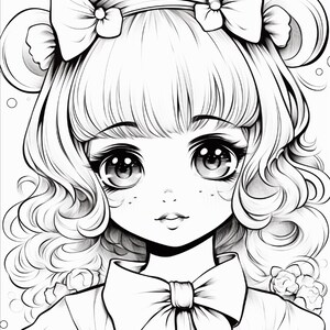 May include: A black and white line art illustration of a character with large, expressive eyes, wavy hair styled with two bows, and a collared shirt featuring a large bow at the neck. The drawing includes circular bubble accents in the background.