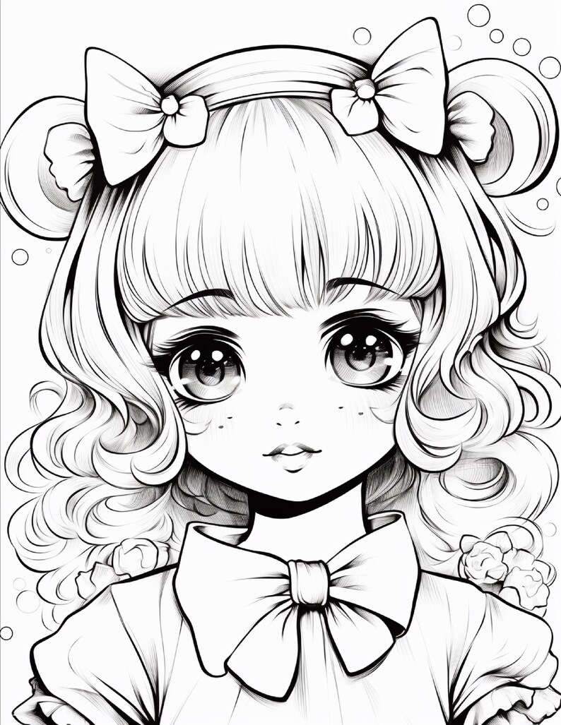 May include: A black and white line art illustration of a character with large, expressive eyes, wavy hair styled with two bows, and a collared shirt featuring a large bow at the neck. The drawing includes circular bubble accents in the background.