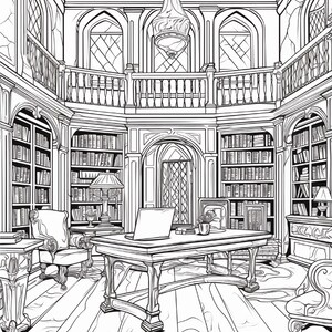 May include: A black and white line art illustration of a library interior featuring a central desk with a laptop, surrounded by tall bookshelves, arched windows, a balcony, a hanging chandelier, and two armchairs on a wooden floor.