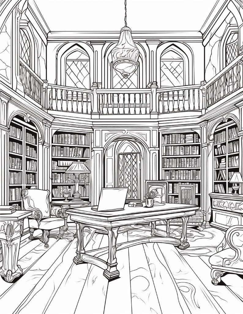 May include: A black and white line art illustration of a library interior featuring a central desk with a laptop, surrounded by tall bookshelves, arched windows, a balcony, a hanging chandelier, and two armchairs on a wooden floor.