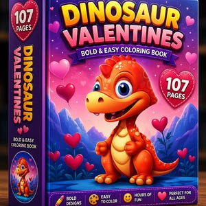 Pu&ograve; includere: Un libro da colorare intitolato Dinosaur Valentines Bold & Easy Coloring Book con 107 pagine. La copertina presenta un dinosauro arancione in stile cartoon, palloncini a forma di cuore rosa e rossi e montagne viola su sfondo sfumato.