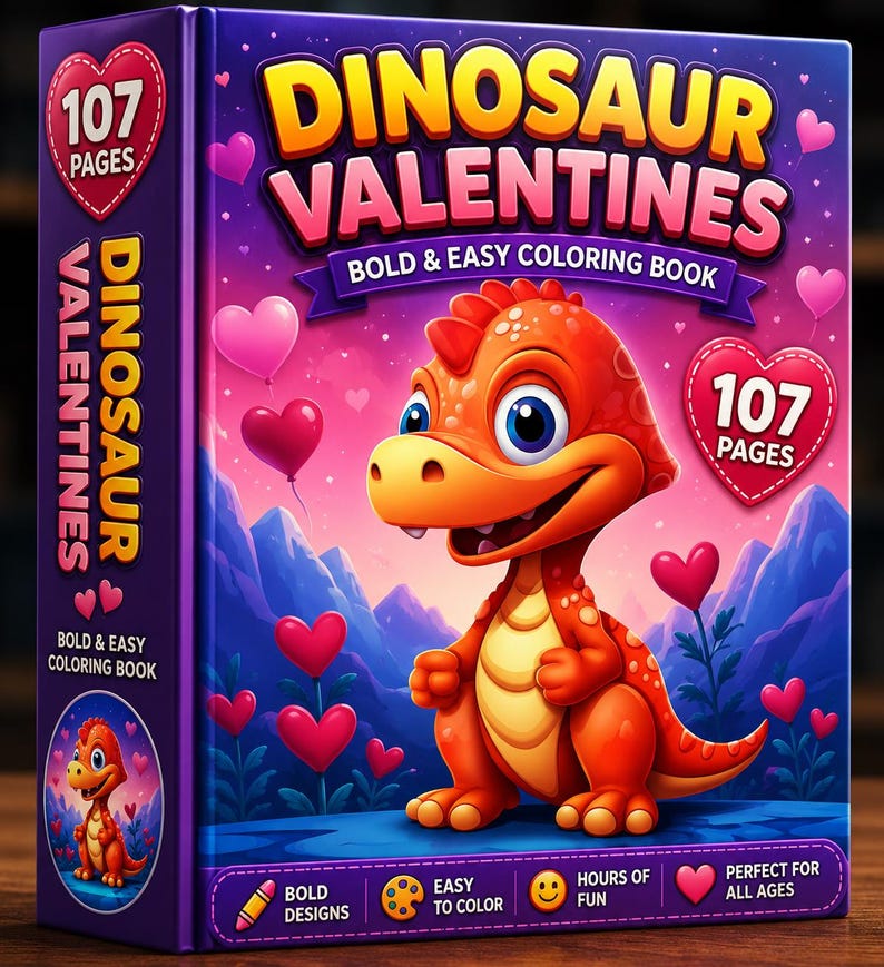 Pu&ograve; includere: Un libro da colorare intitolato Dinosaur Valentines Bold & Easy Coloring Book con 107 pagine. La copertina presenta un dinosauro arancione in stile cartoon, palloncini a forma di cuore rosa e rossi e montagne viola su sfondo sfumato.