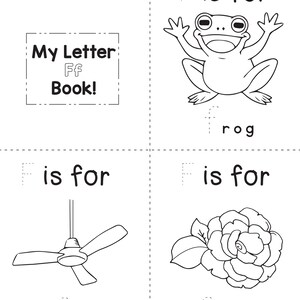 A printable coloring booklet page for the letter F showing dotted tracing text and illustrations of a frog, ceiling fan, and flower.