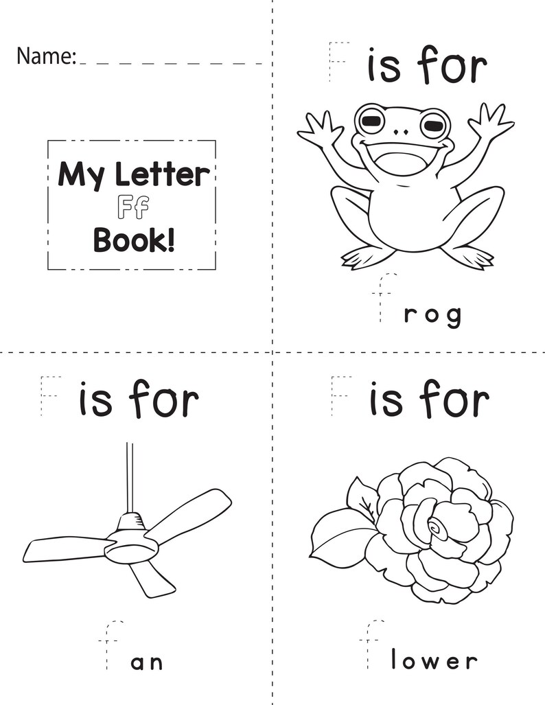 A printable coloring booklet page for the letter F showing dotted tracing text and illustrations of a frog, ceiling fan, and flower.